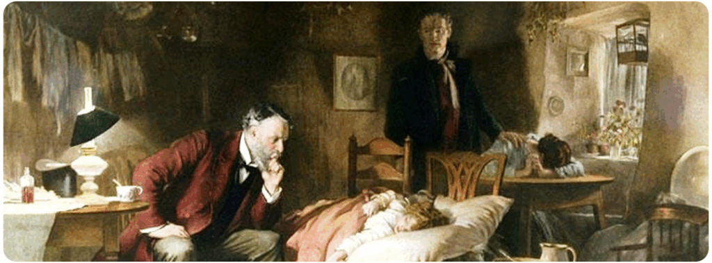Ilustração/pintura de médico analisando uma paciente deitada.